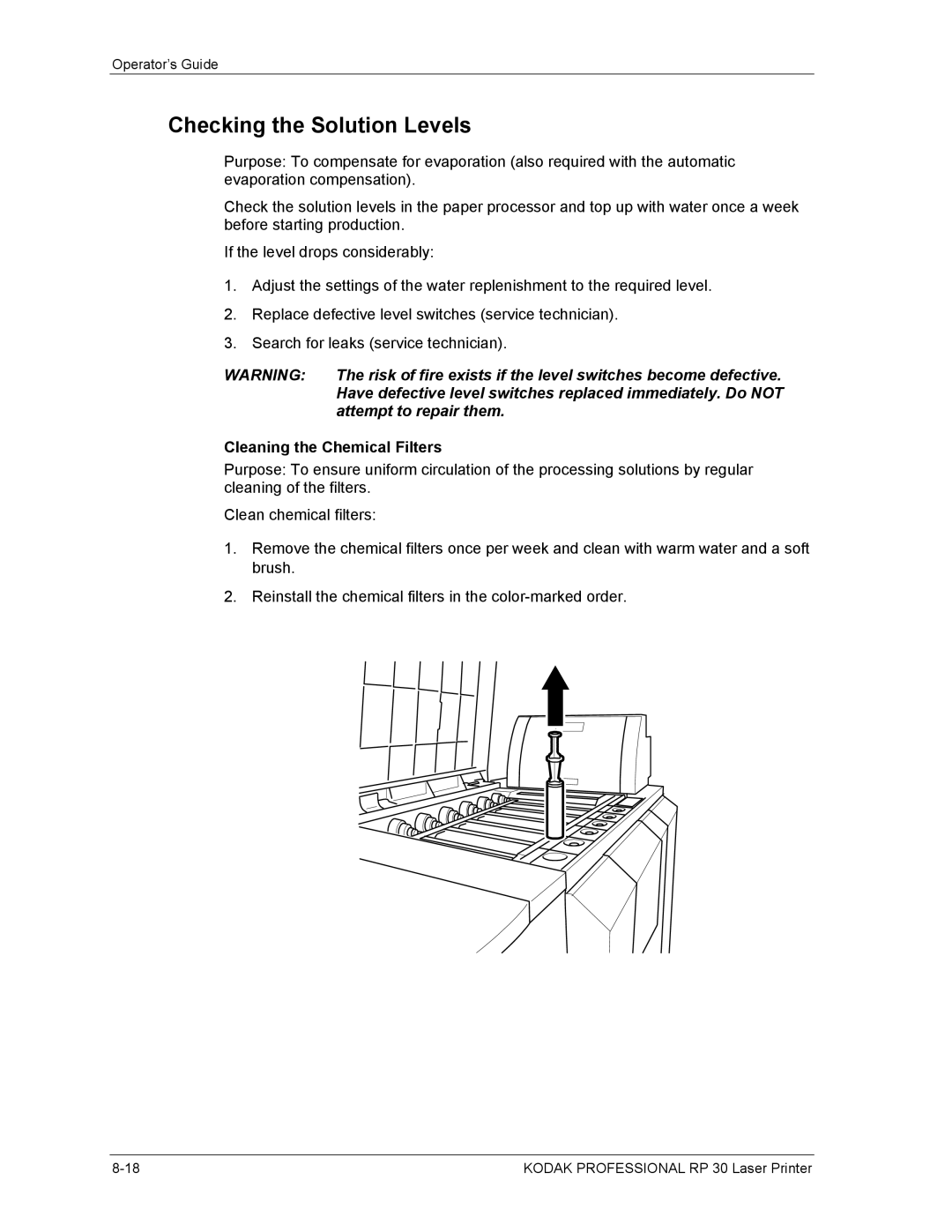 Kodak RP 30 manual Checking the Solution Levels, Cleaning the Chemical Filters 