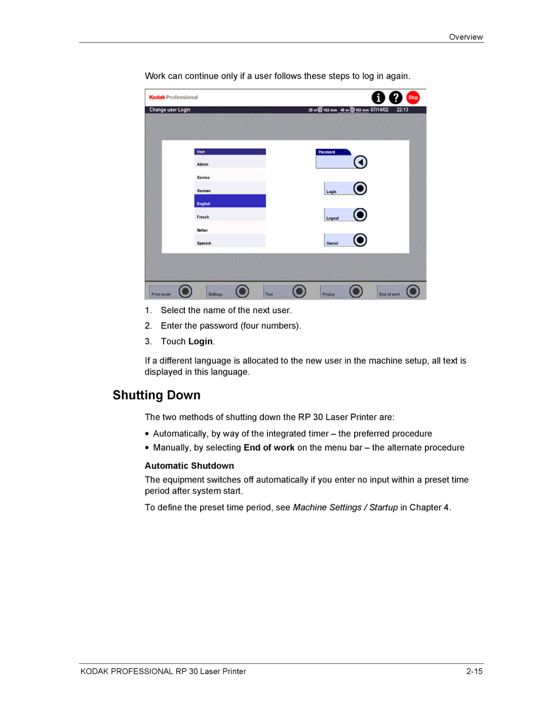 Kodak RP 30 manual Shutting Down, Automatic Shutdown 