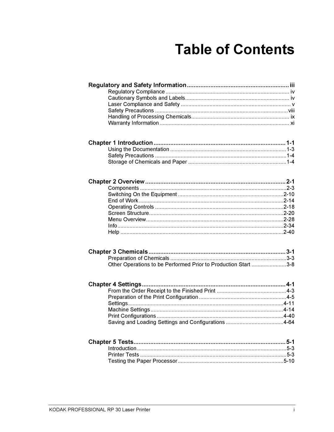 Kodak RP 30 manual Table of Contents 