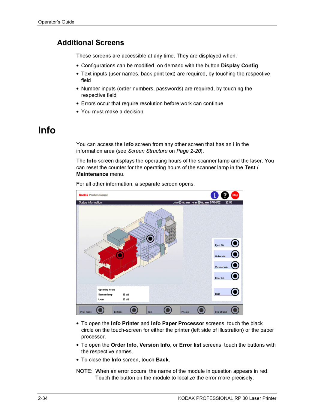 Kodak RP 30 manual Info, Additional Screens 