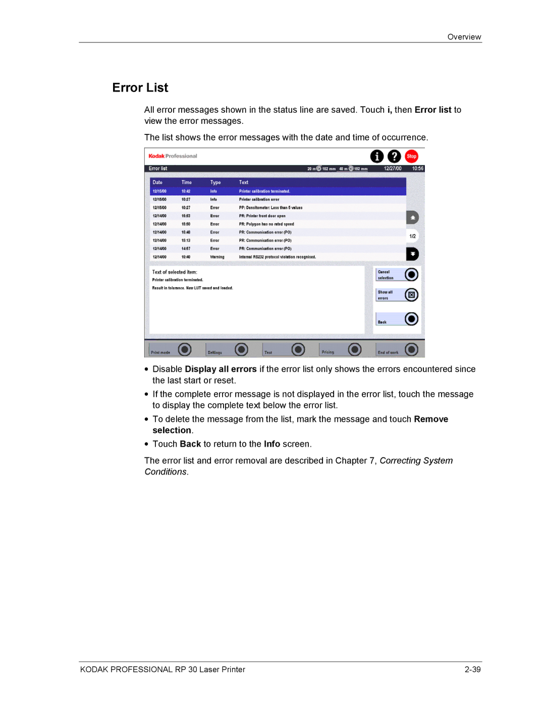 Kodak RP 30 manual Error List 