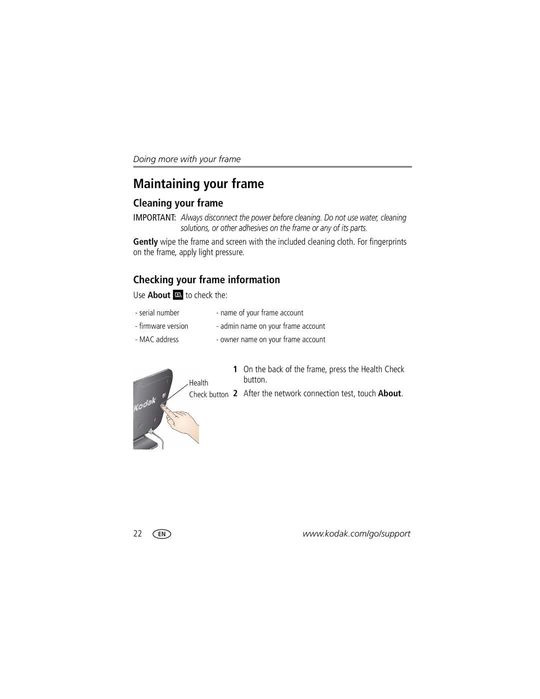 Kodak S710, 4H6784 manual Maintaining your frame, Cleaning your frame, Checking your frame information, Use About to check 