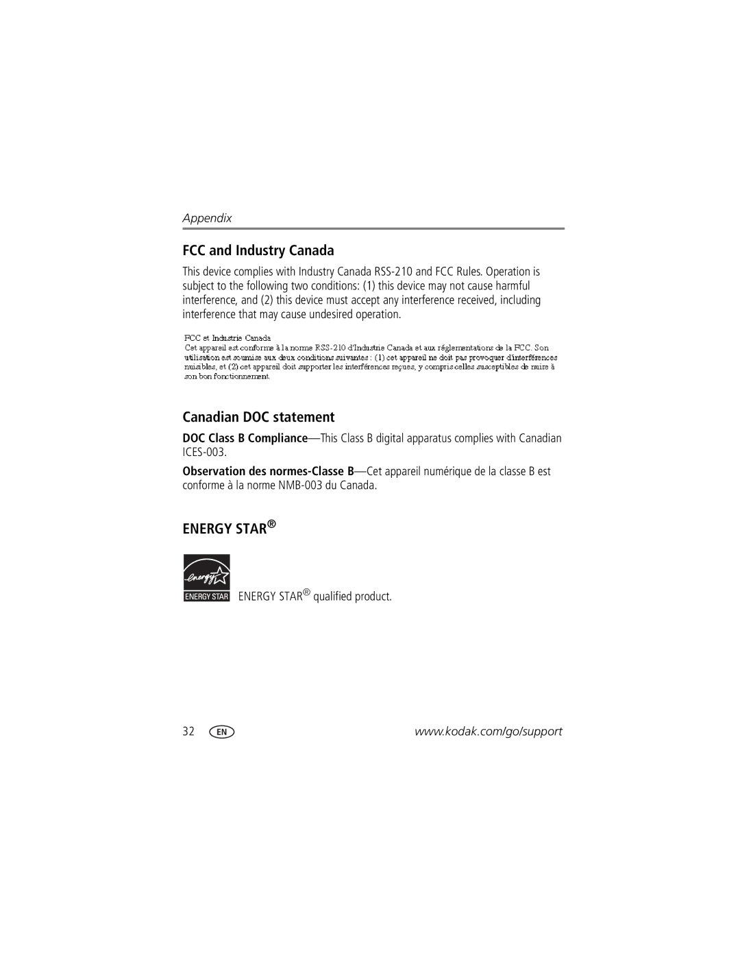 Kodak S710, 4H6784 manual FCC and Industry Canada, Canadian DOC statement, Energy Star qualified product 