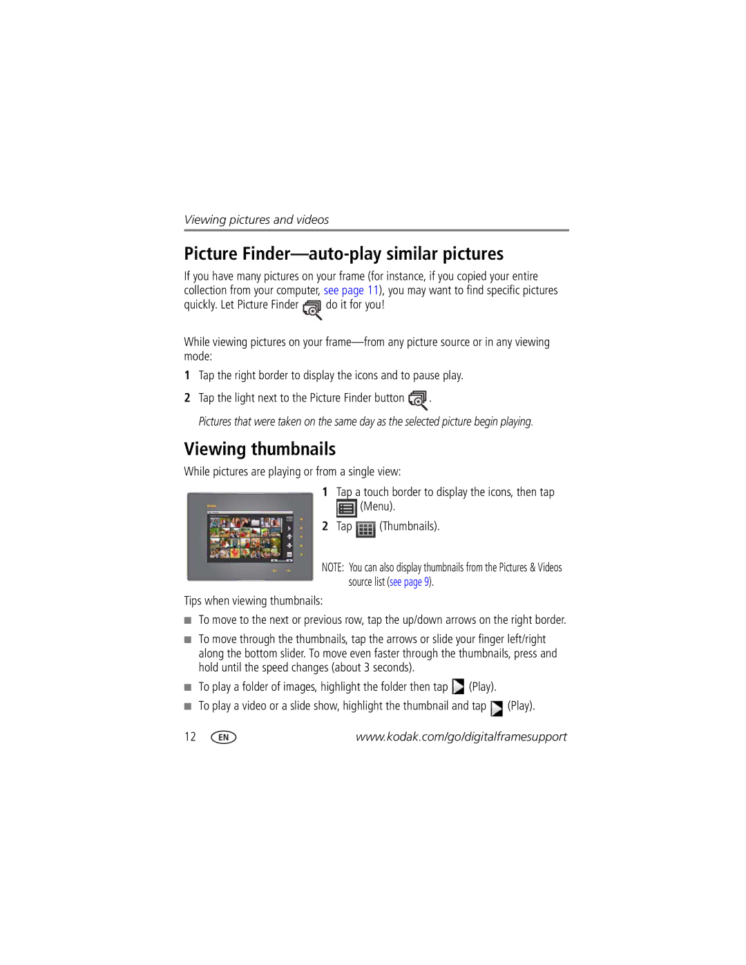 Kodak S730 manual Picture Finder-auto-play similar pictures, Viewing thumbnails, Tips when viewing thumbnails 