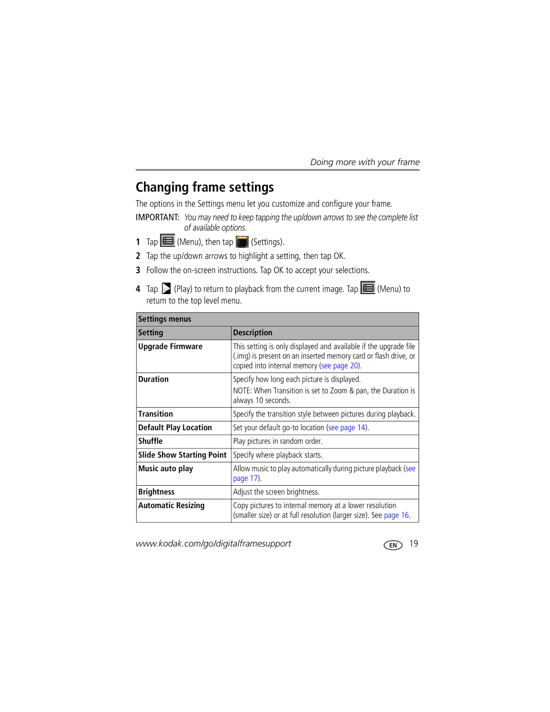 Kodak S730 manual Changing frame settings 