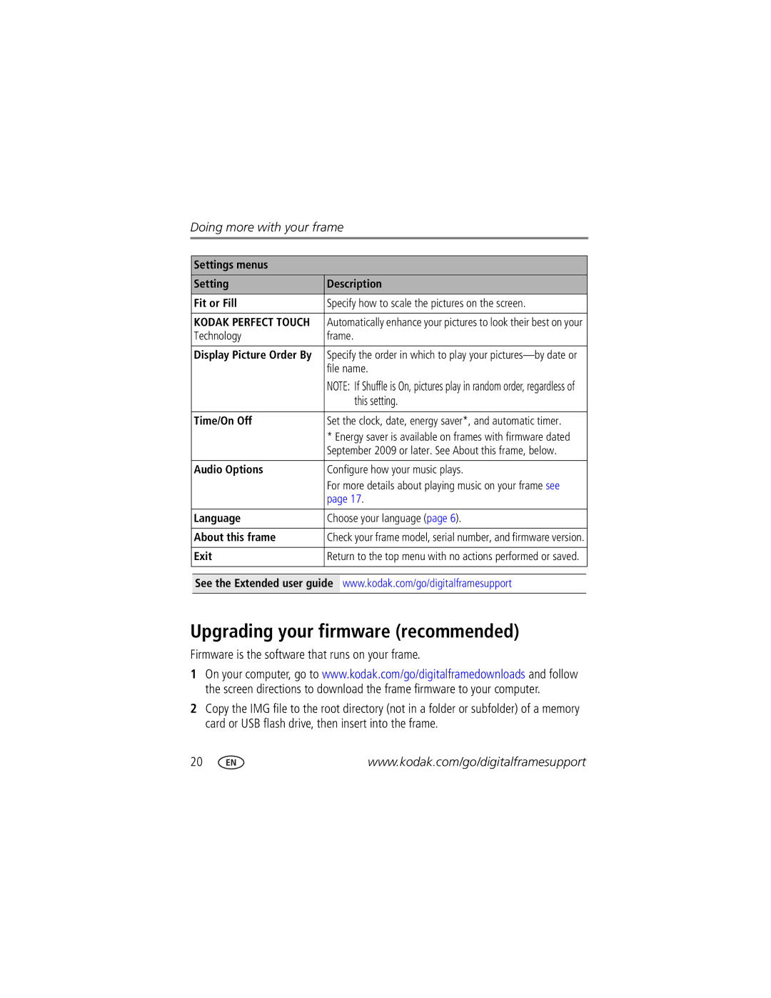 Kodak S730 manual Upgrading your firmware recommended, This setting, Firmware is the software that runs on your frame 