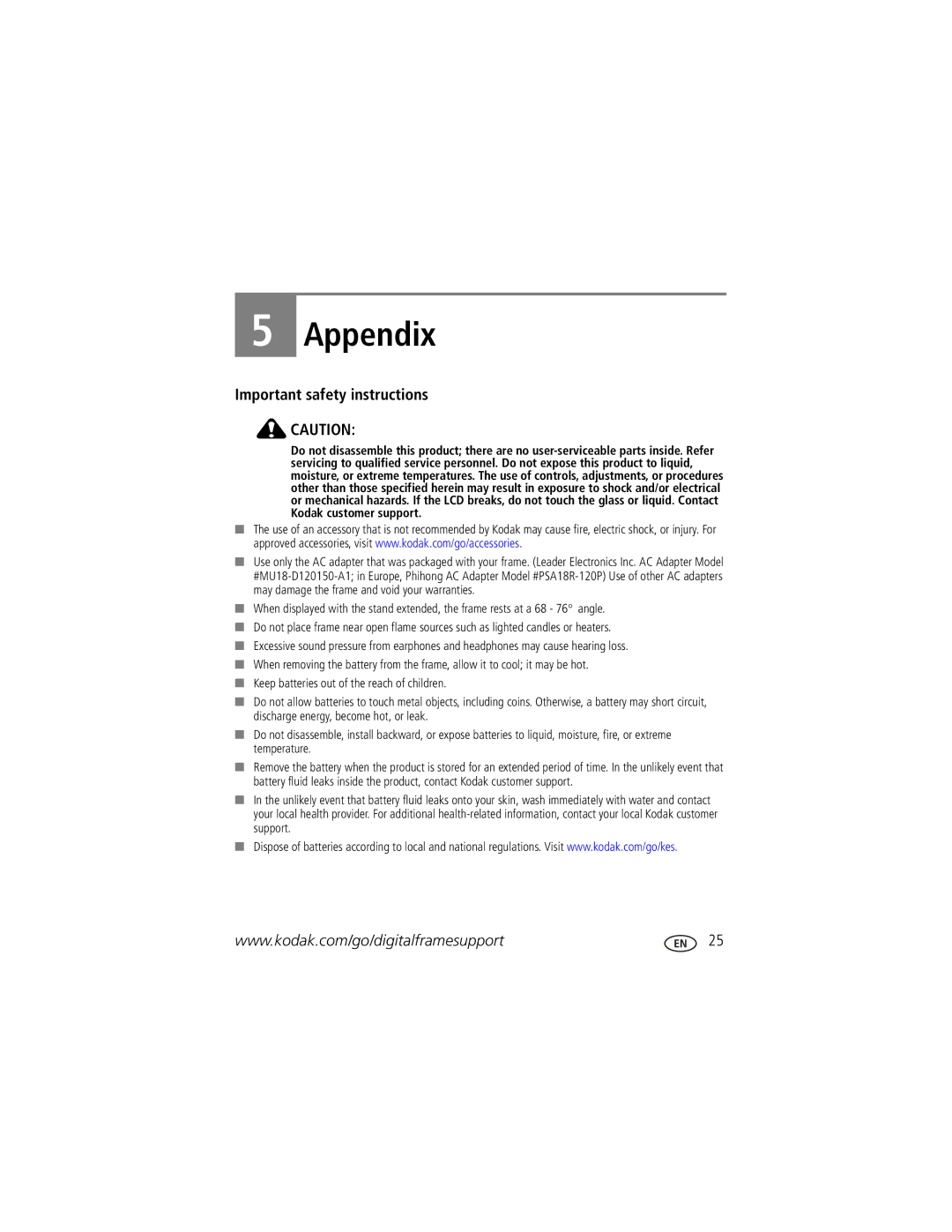 Kodak S730 manual Appendix, Important safety instructions 