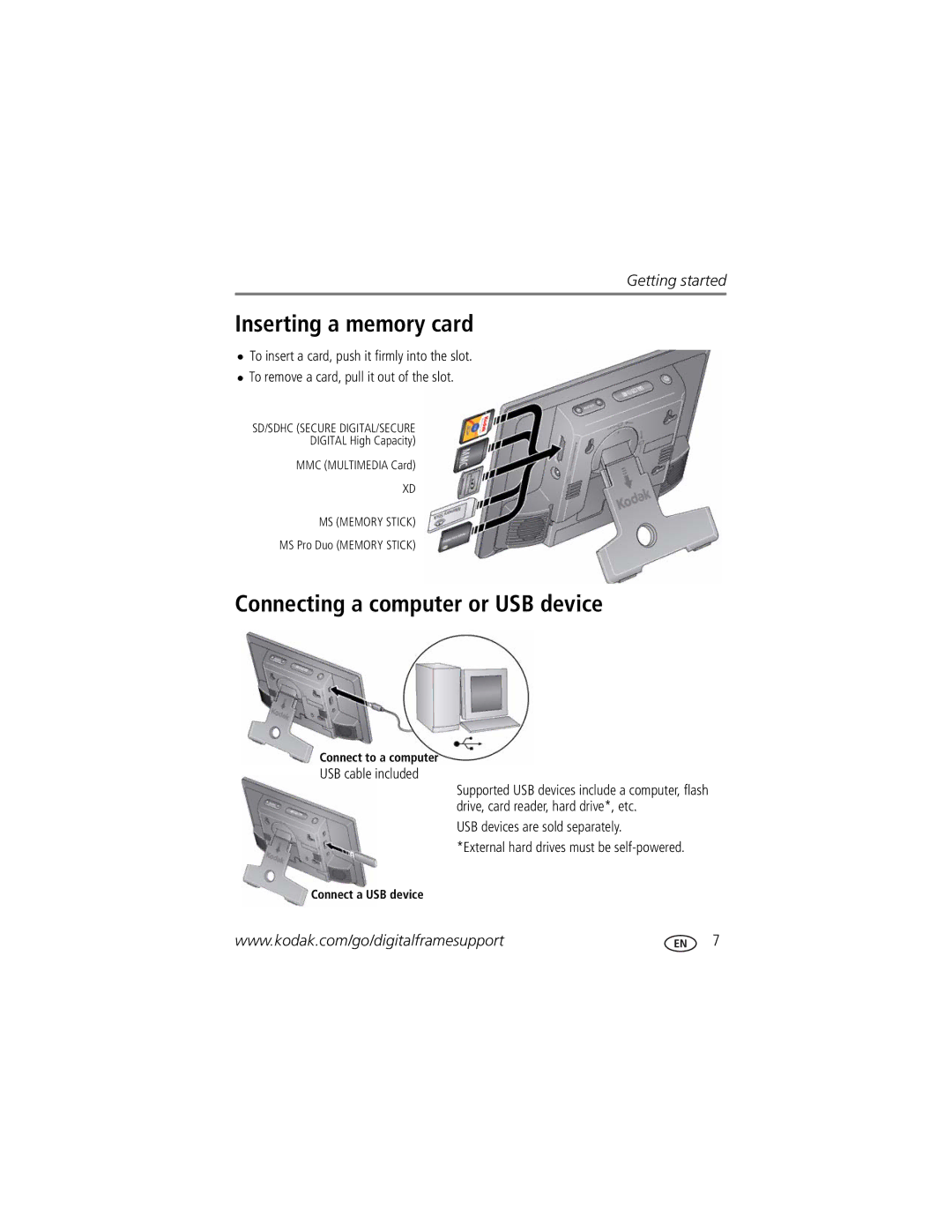 Kodak S730 manual Inserting a memory card, Connecting a computer or USB device 