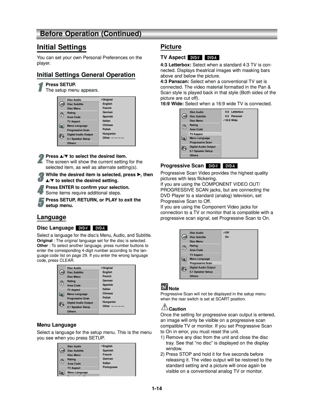 Kodak SD-530ESE owner manual Before Operation Initial Settings, Initial Settings General Operation, Language, Picture 