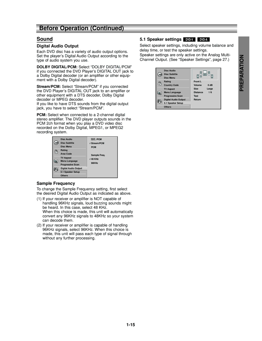 Kodak SD-530ESE owner manual Before Operation, Sound, Digital Audio Output, Sample Frequency, Speaker settings DVD-VDVD-A 