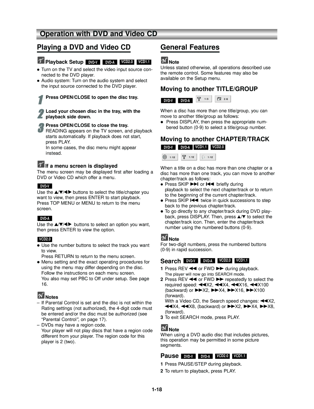 Kodak SD-530ESE owner manual Operation with DVD and Video CD Playing a DVD and Video CD, General Features 