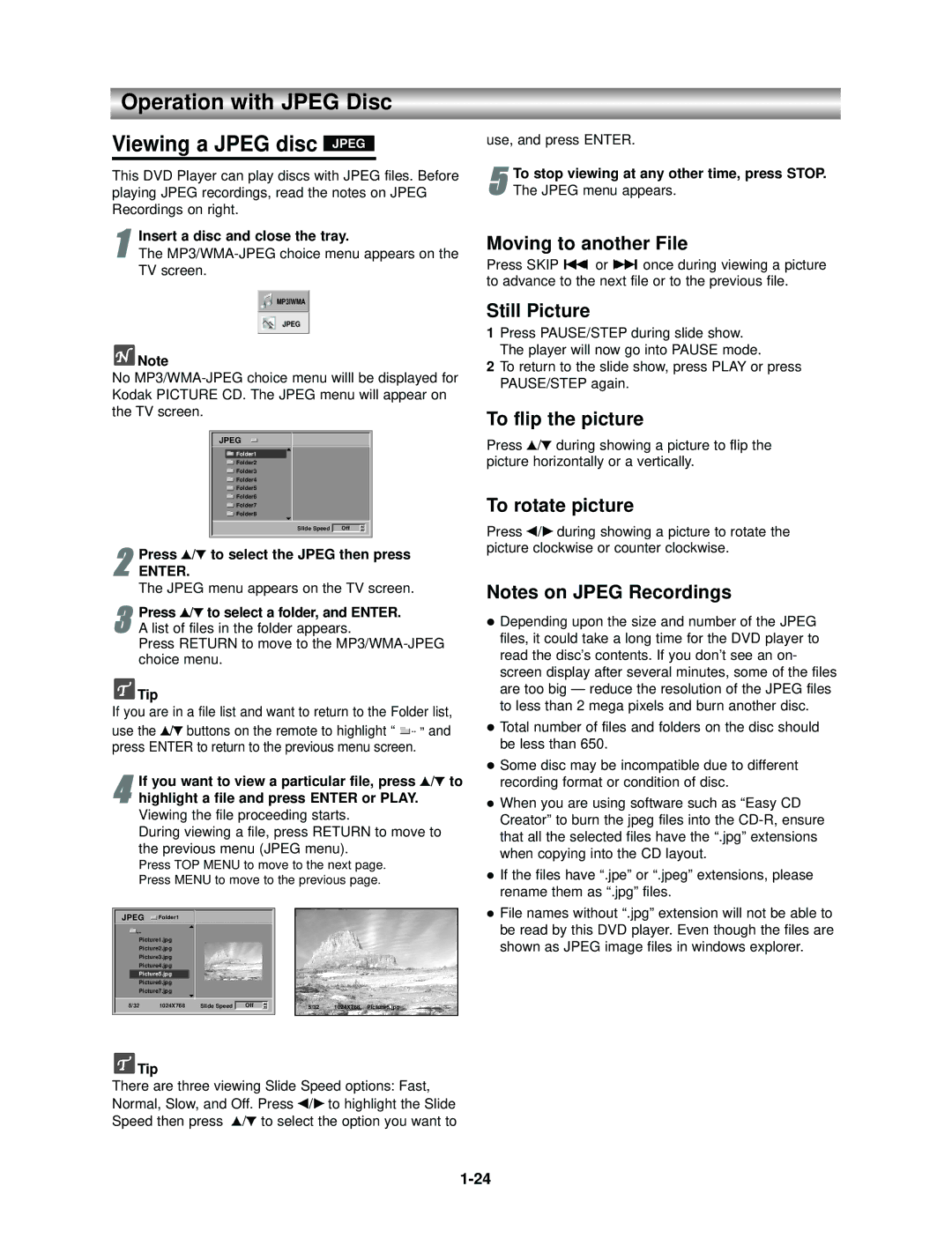 Kodak SD-530ESE owner manual Operation with Jpeg Disc Viewing a Jpeg disc Jpeg, Moving to another File, Still Picture 