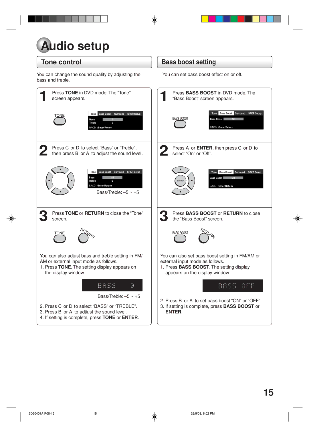 Kodak SD-63HK owner manual Audio setup, Tone control, Bass boost setting, Press Bass Boost or Return to close 