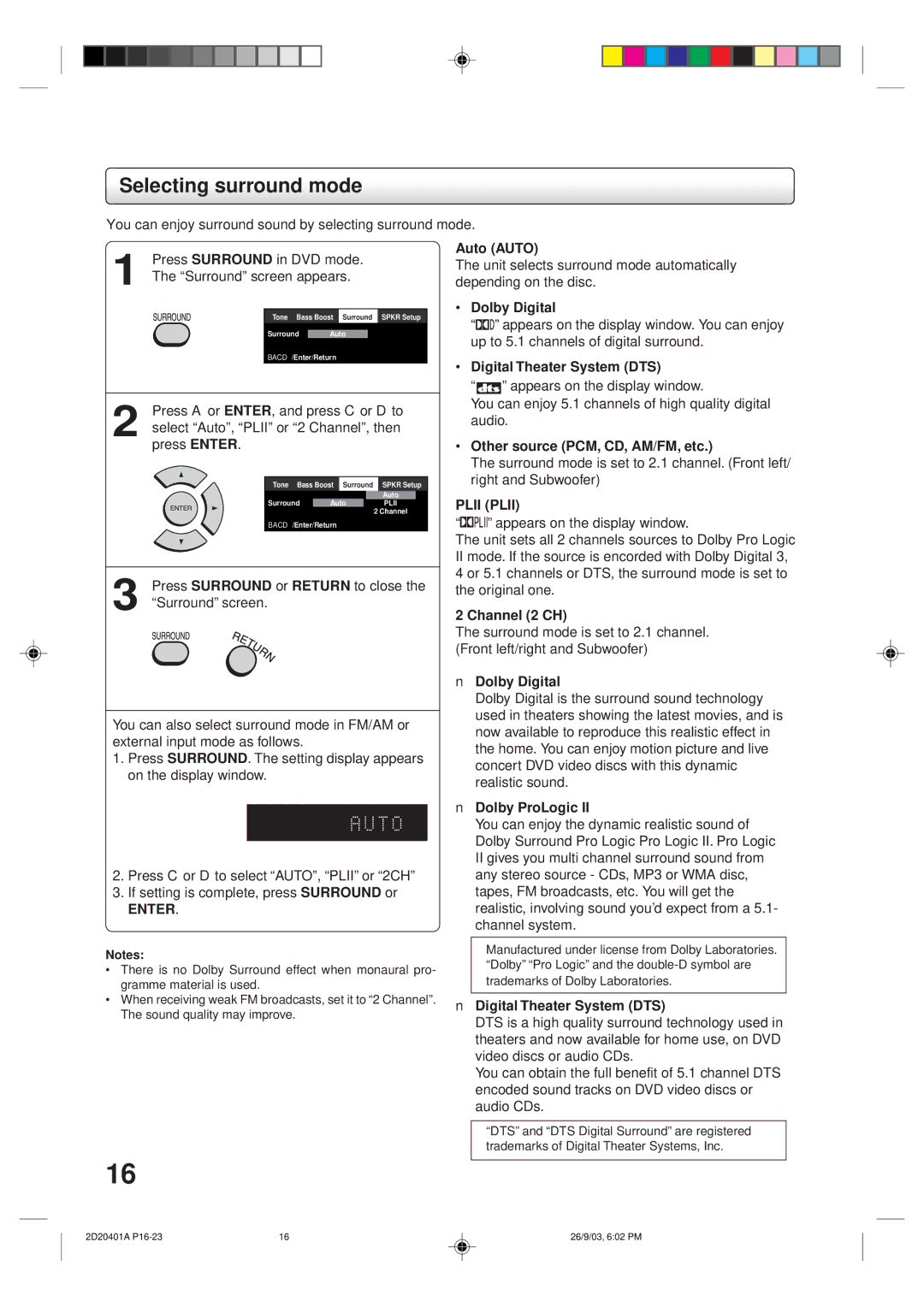 Kodak SD-63HK owner manual Selecting surround mode 