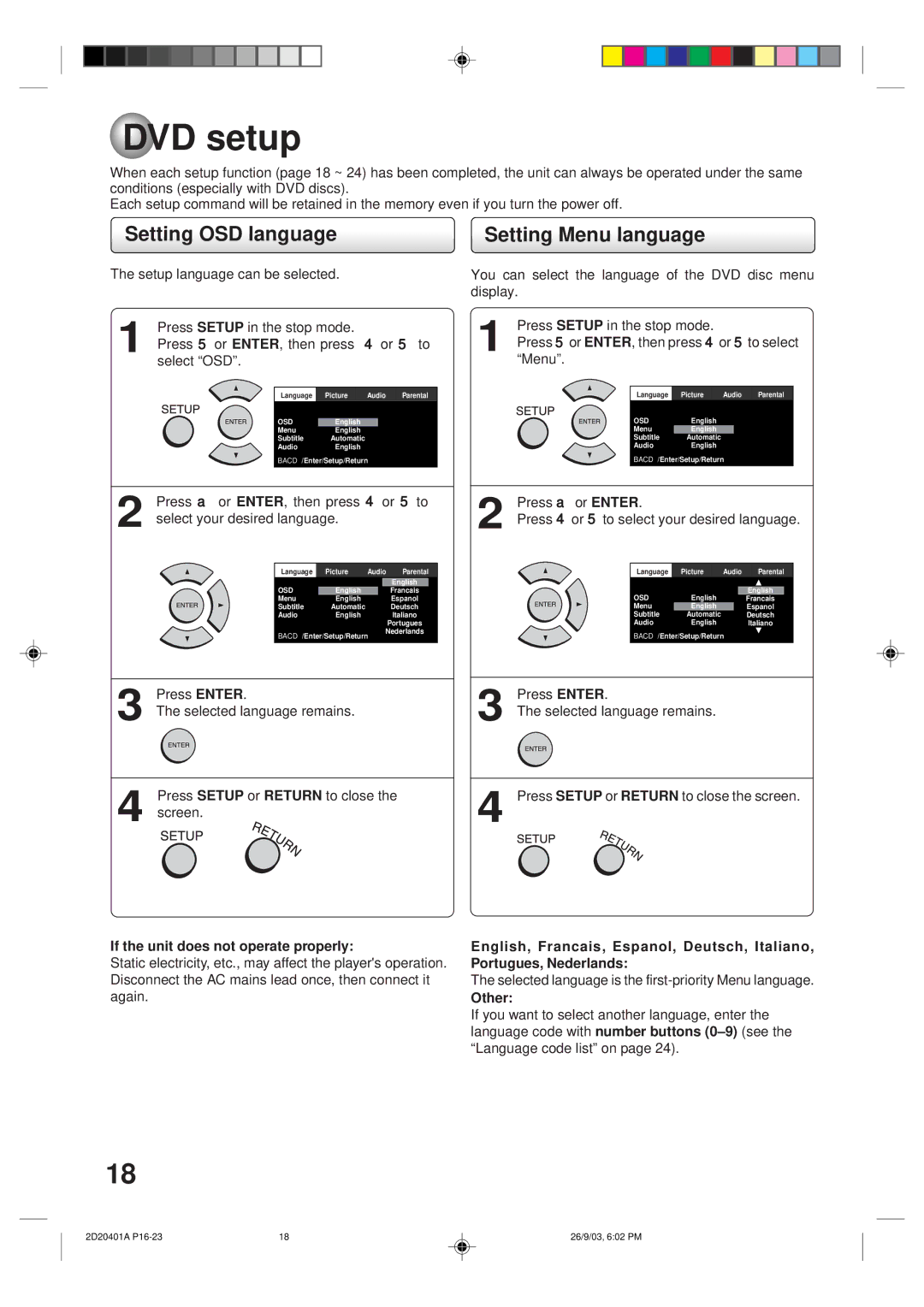 Kodak SD-63HK DVD setup, Setting OSD language, Setting Menu language, If the unit does not operate properly, Other 