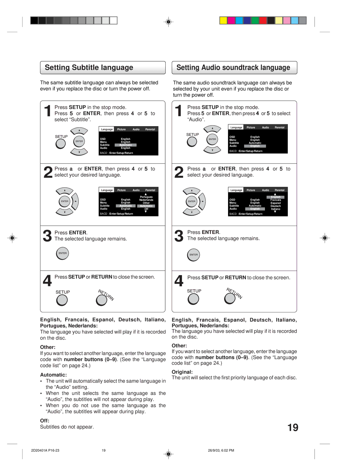 Kodak SD-63HK owner manual Setting Subtitle language, Automatic, Off, Original 