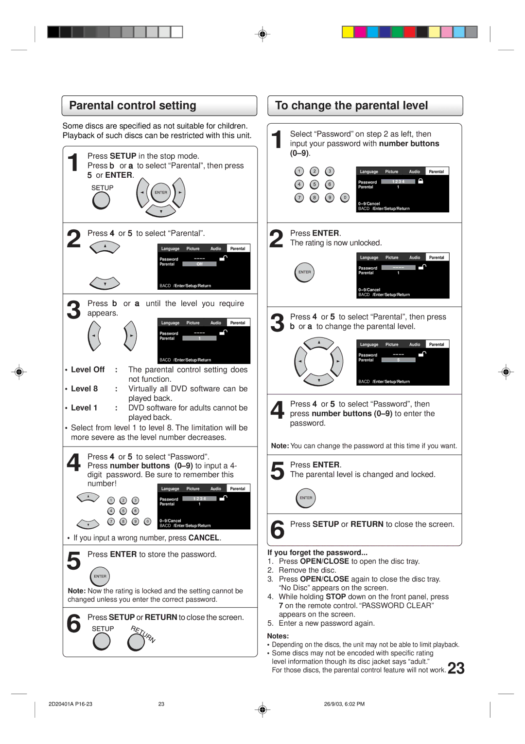 Kodak SD-63HK owner manual Parental control setting, To change the parental level, Press 4 or 5to select Password, then 