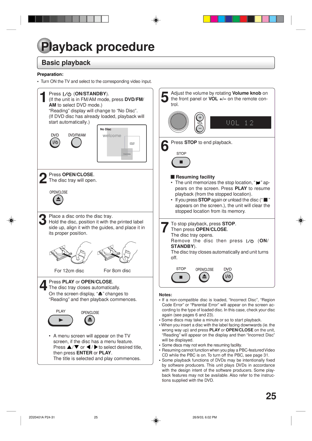 Kodak SD-63HK owner manual Playback procedure, Basic playback, Press OPEN/CLOSE, Resuming facility 