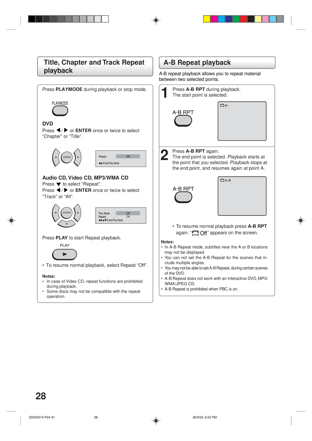 Kodak SD-63HK owner manual Title, Chapter and Track Repeat playback, Press Playmode during playback or stop mode 