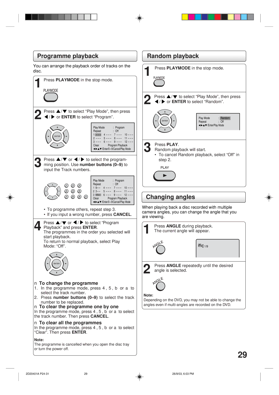 Kodak SD-63HK owner manual Programme playback, Random playback, Changing angles 