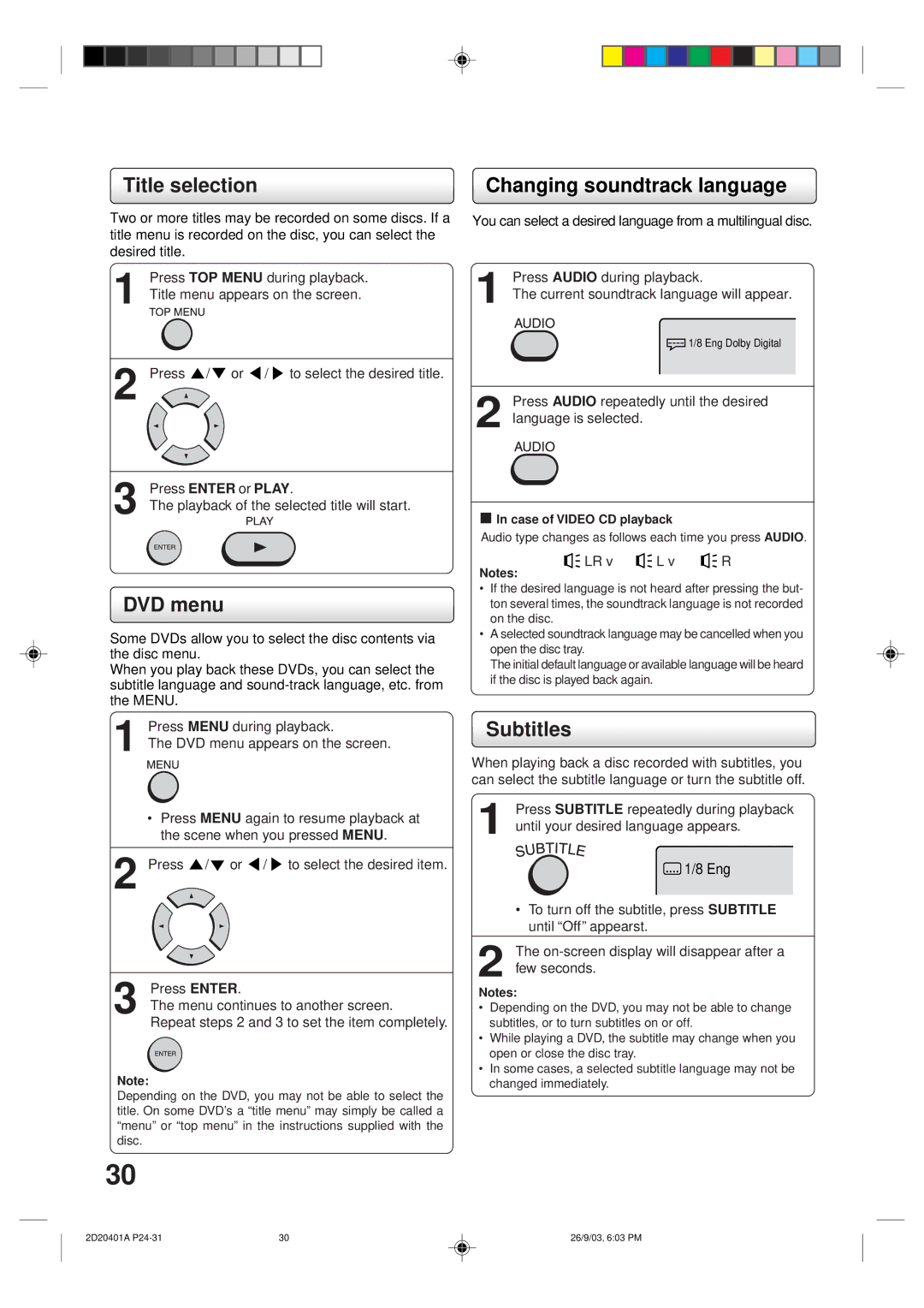 Kodak SD-63HK owner manual Title selection, Changing soundtrack language, DVD menu, Subtitles, LR v L v R 