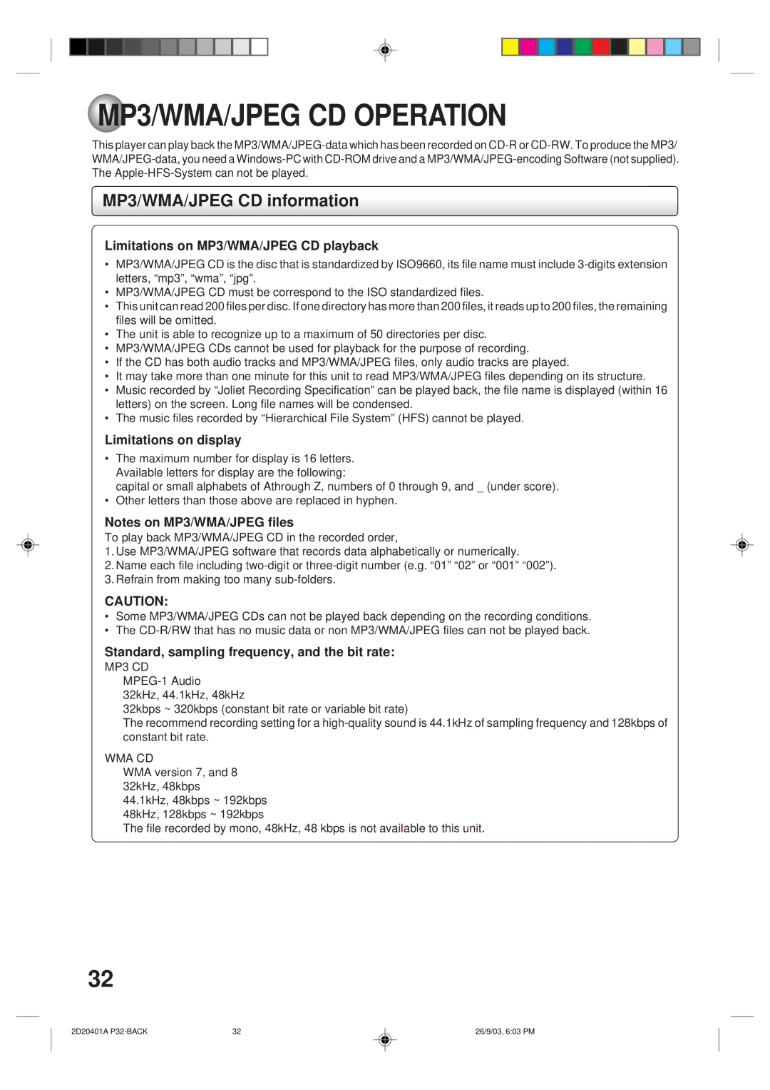 Kodak SD-63HK owner manual MP3/WMA/JPEG CD Operation, MP3/WMA/JPEG CD information 