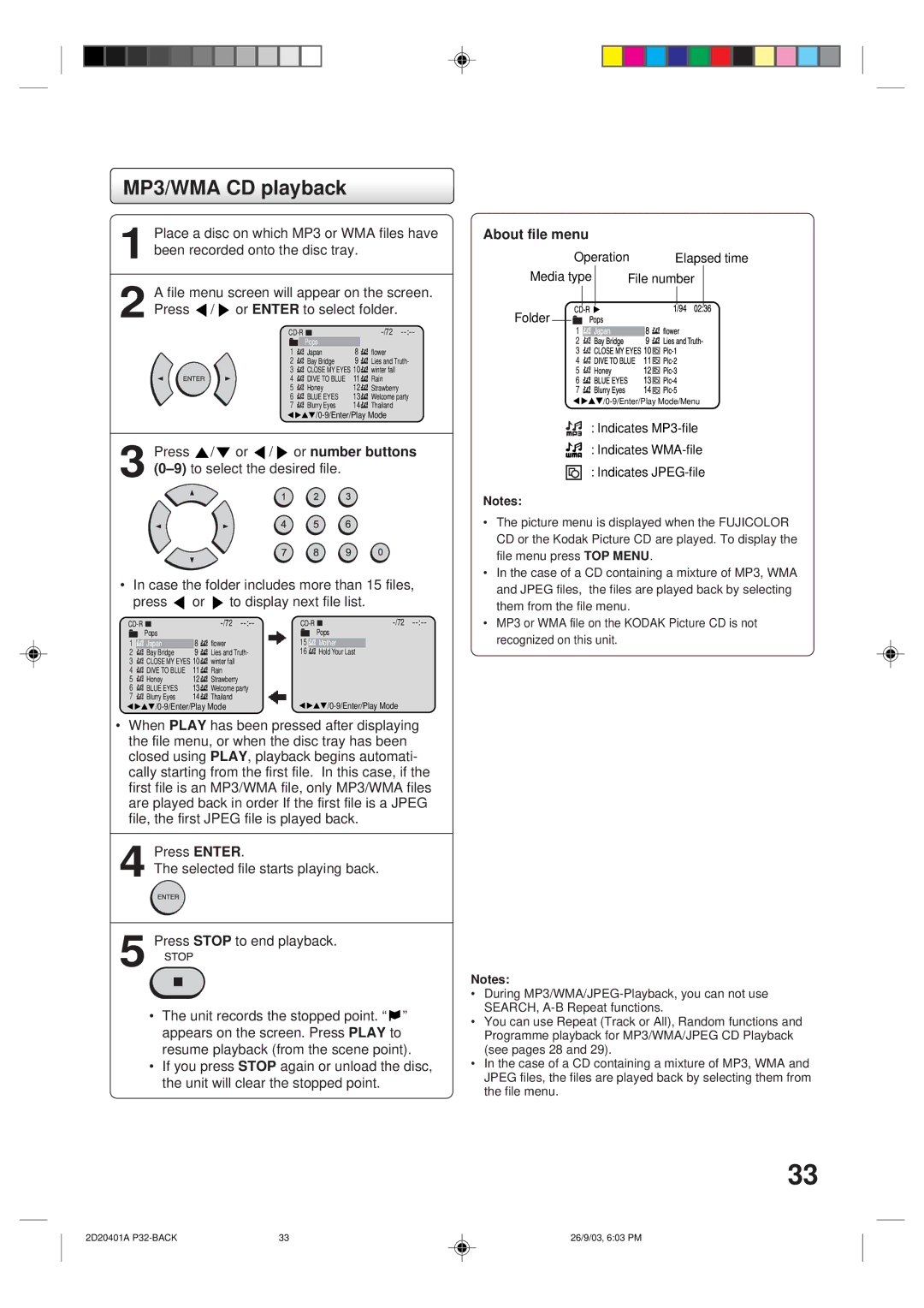 Kodak SD-63HK owner manual MP3/WMA CD playback, About file menu 