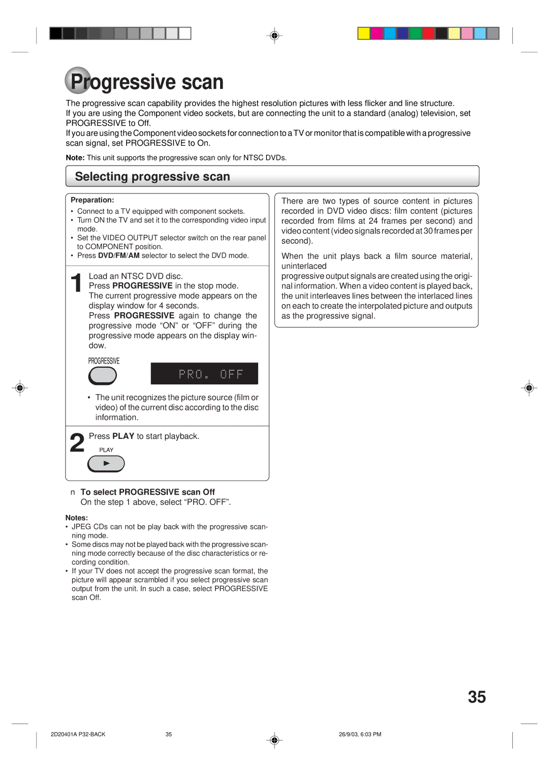 Kodak SD-63HK owner manual Selecting progressive scan, To select Progressive scan Off, On the above, select PRO. OFF 