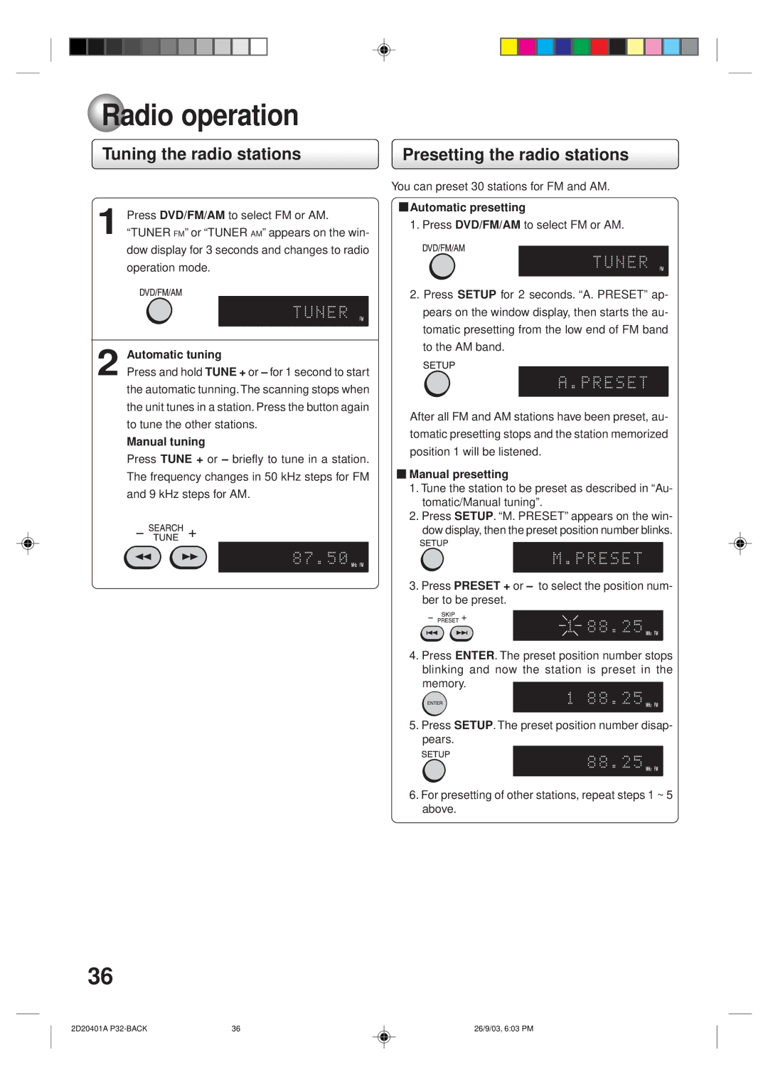 Kodak SD-63HK owner manual Radio operation, Tuning the radio stations, Presetting the radio stations 