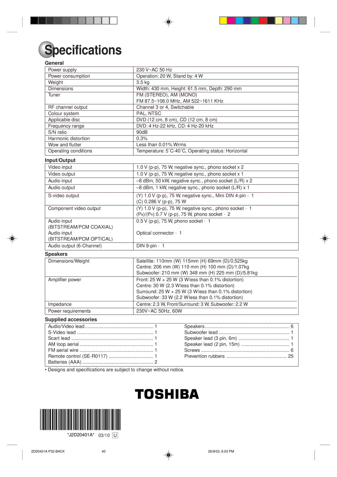 Kodak SD-63HK owner manual Specifications, General, Input/Output, Speakers, Supplied accessories 