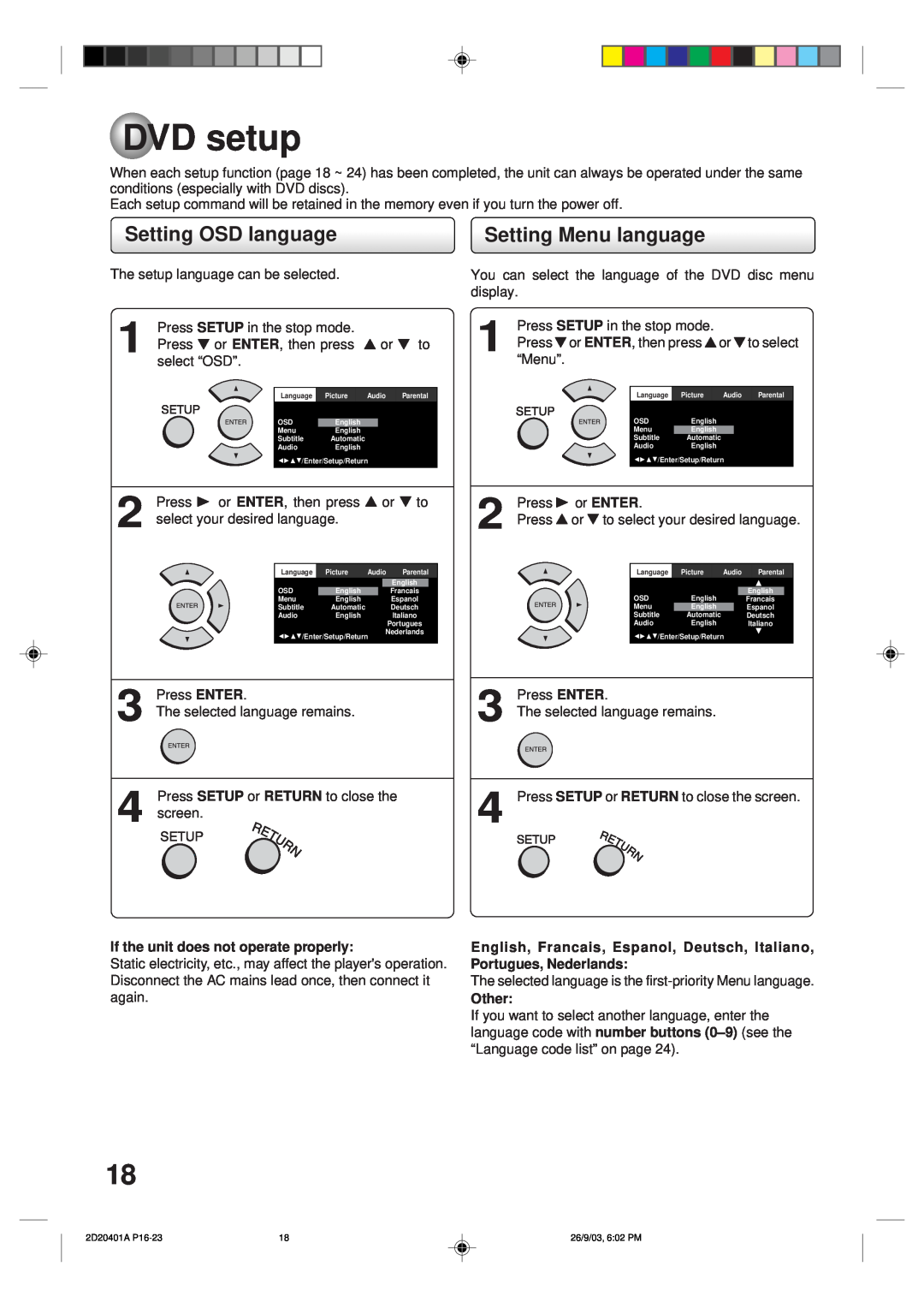 Kodak SD-63HK owner manual DVD setup, Setting OSD language, Setting Menu language, Press a or ENTER, Other 