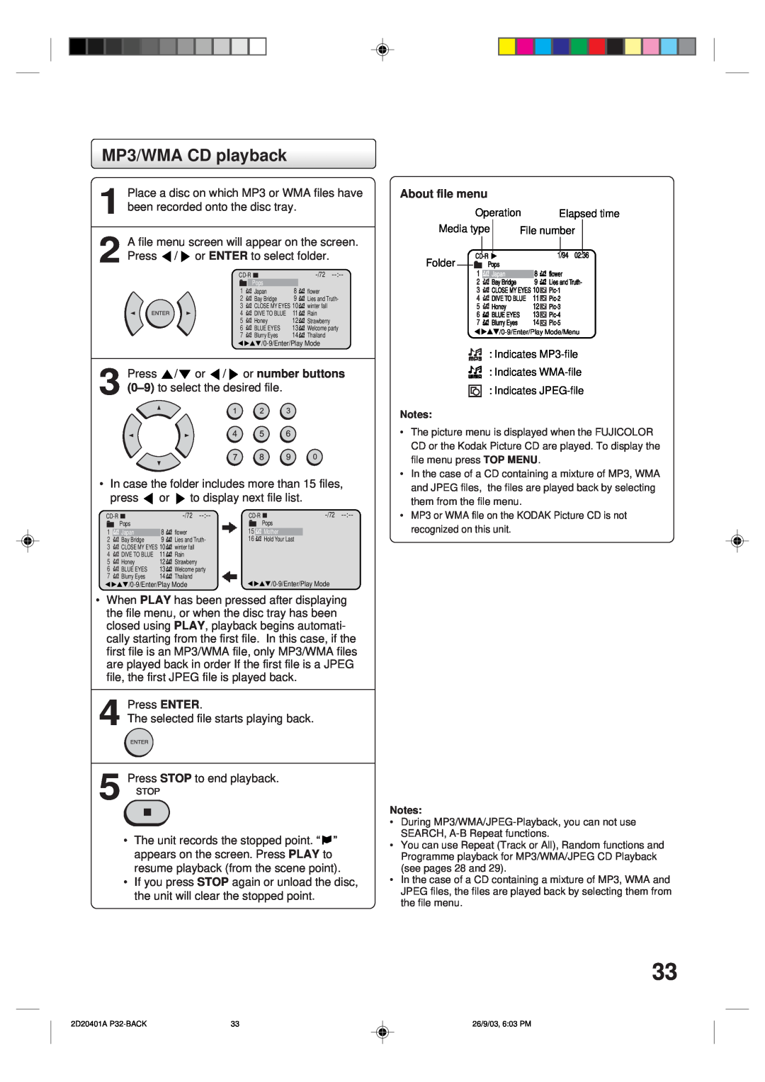 Kodak SD-63HK owner manual MP3/WMA CD playback, About file menu 