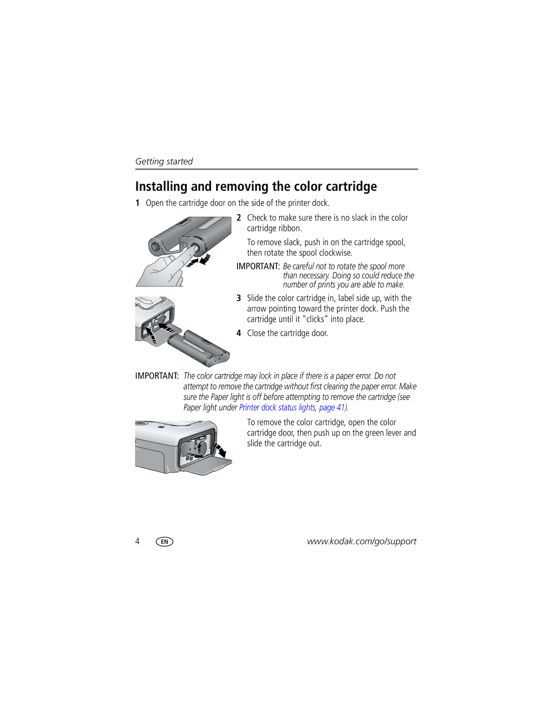 Kodak Series 3 manual Installing and removing the color cartridge, Close the cartridge door 