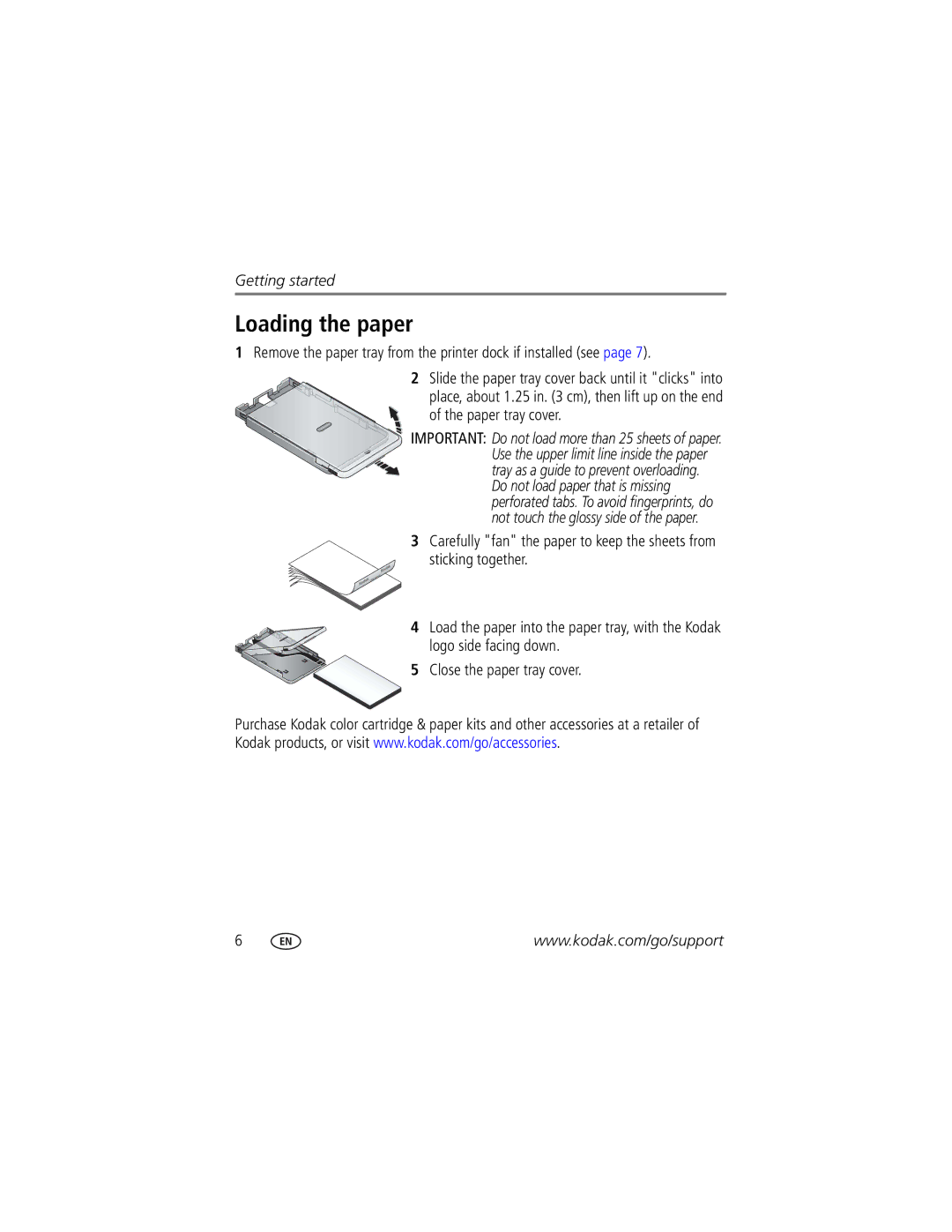 Kodak Series 3 manual Loading the paper, Remove the paper tray from the printer dock if installed see 