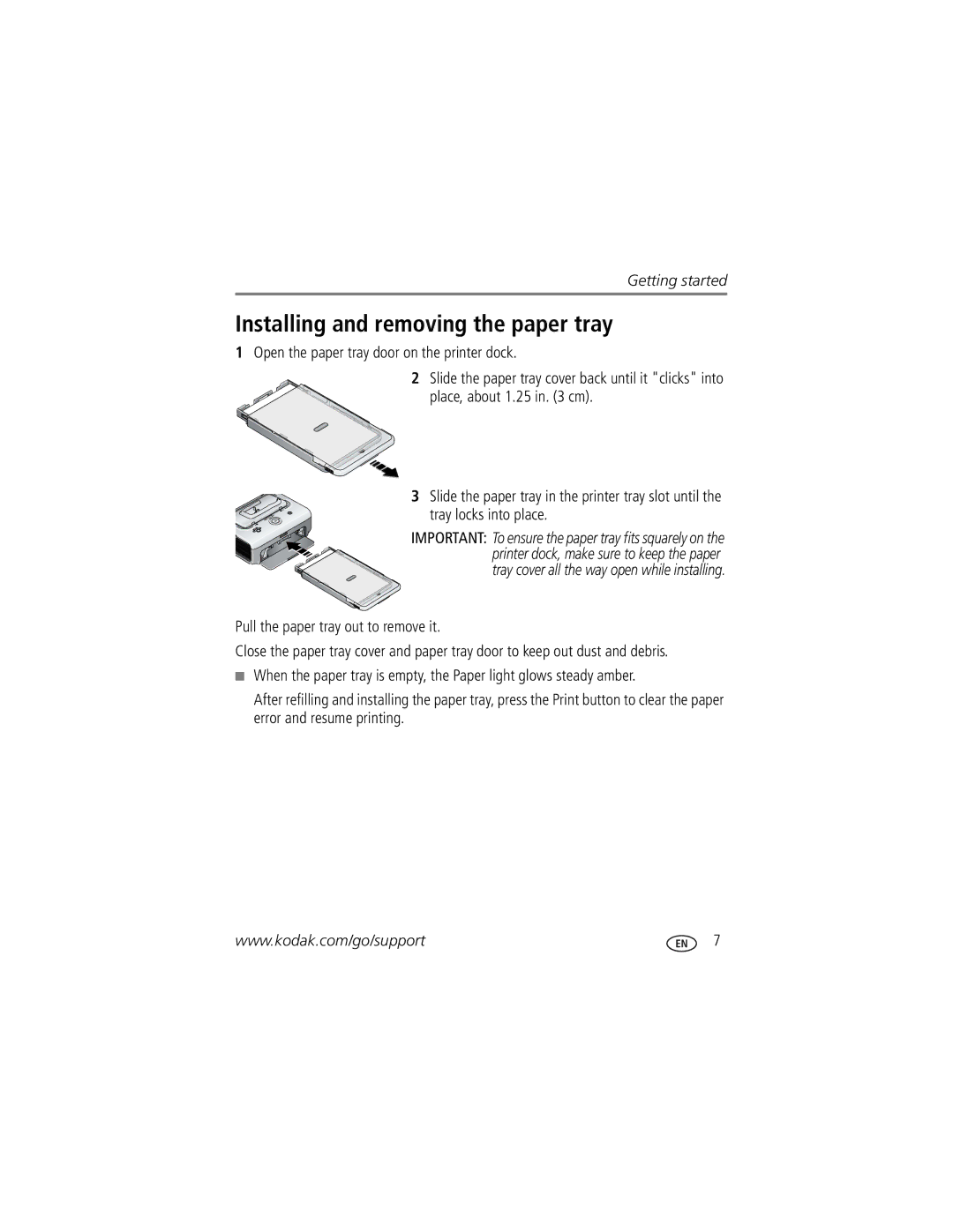 Kodak Series 3 manual Installing and removing the paper tray, Pull the paper tray out to remove it 