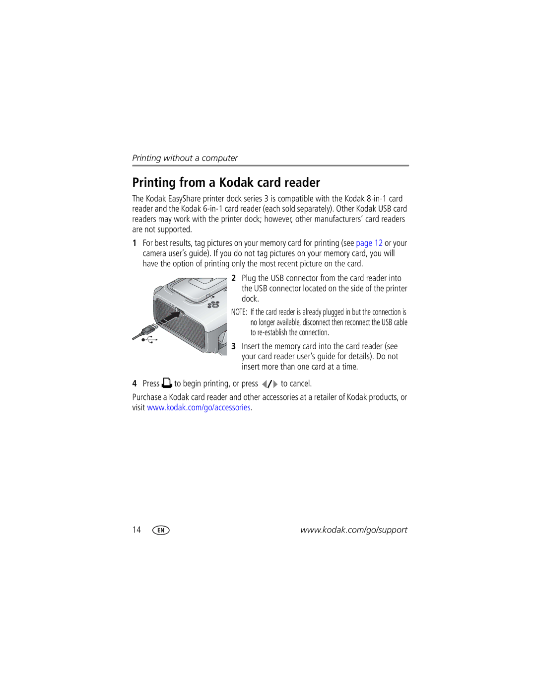 Kodak Series 3 manual Printing from a Kodak card reader, Dock, Press to begin printing, or press to cancel 