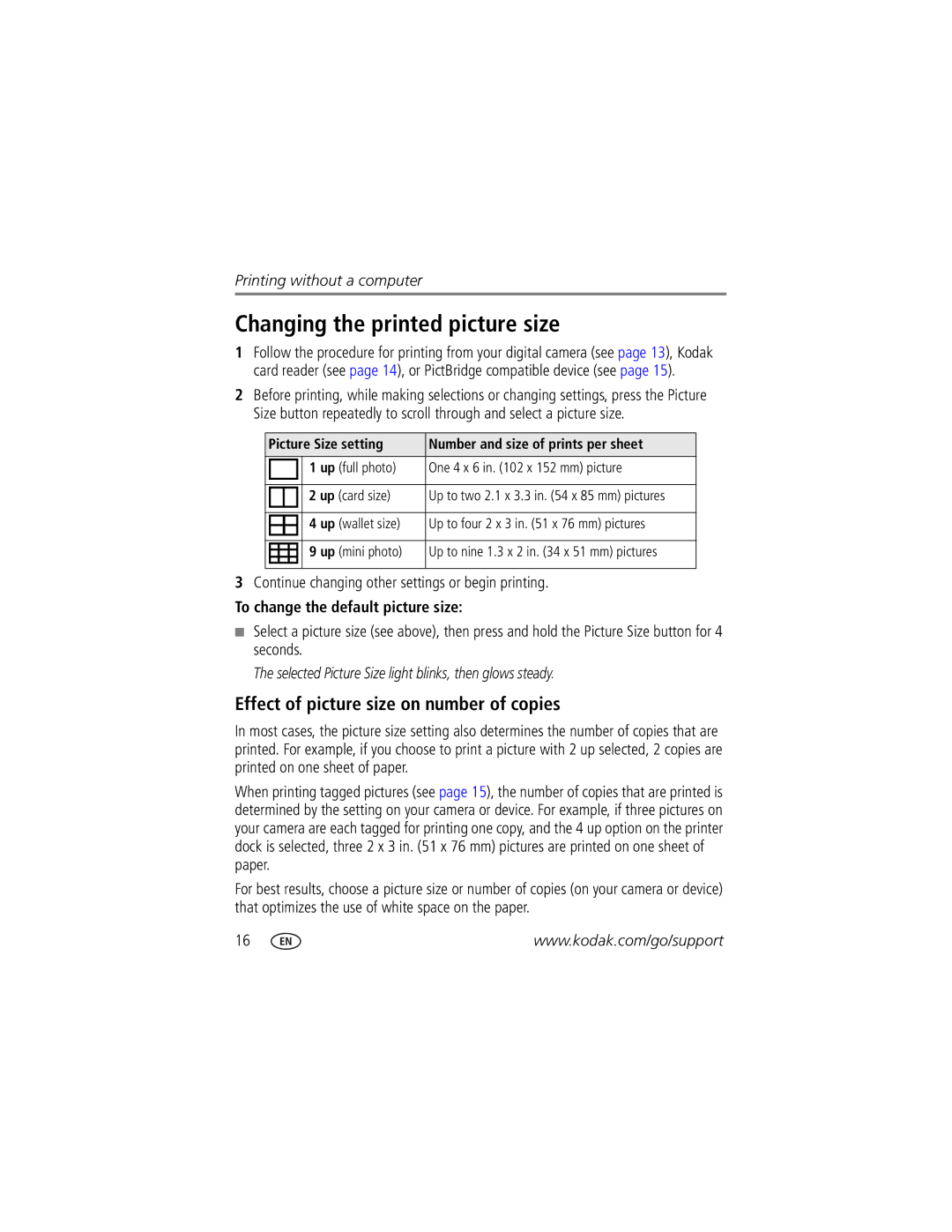 Kodak Series 3 manual Changing the printed picture size, Effect of picture size on number of copies 