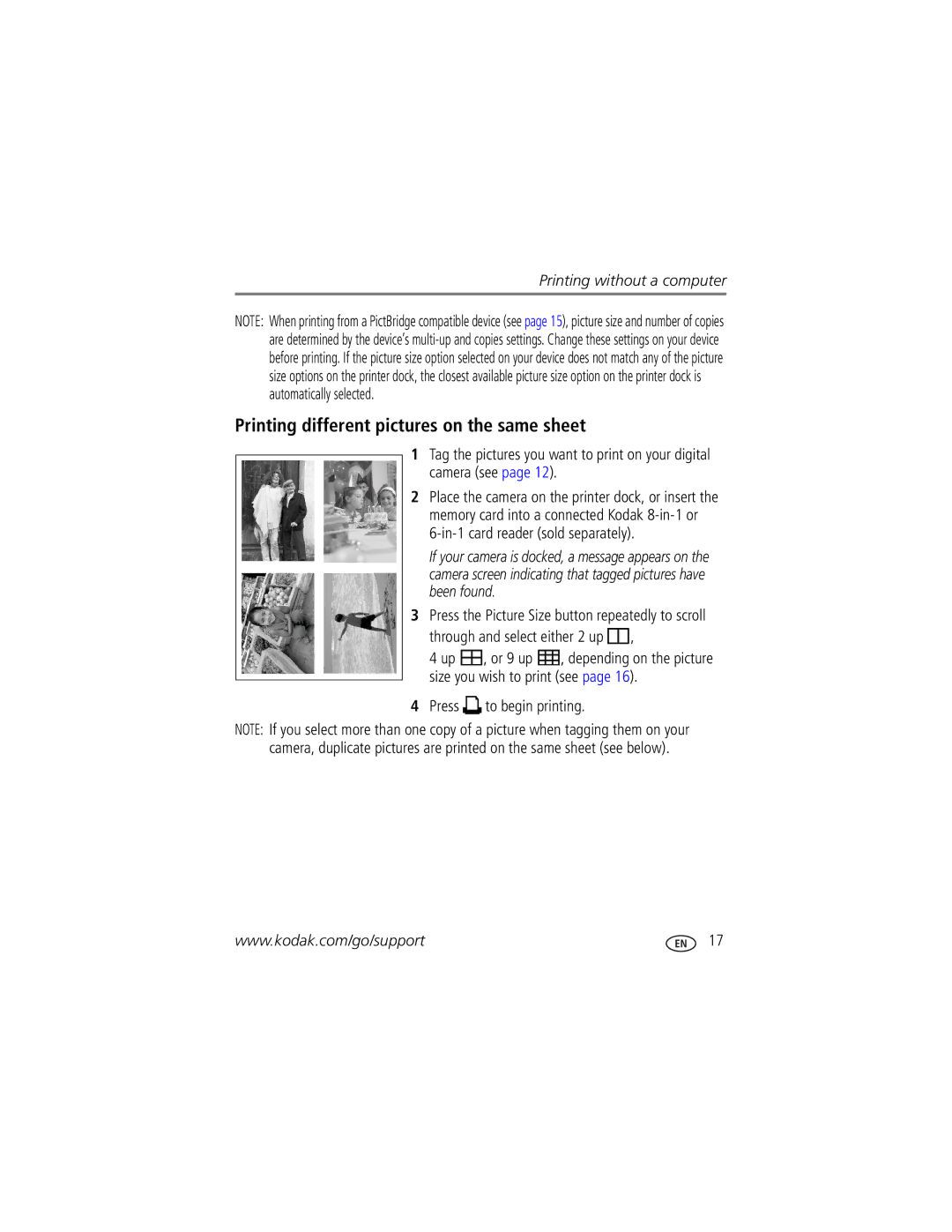 Kodak Series 3 manual Printing different pictures on the same sheet, Press to begin printing 