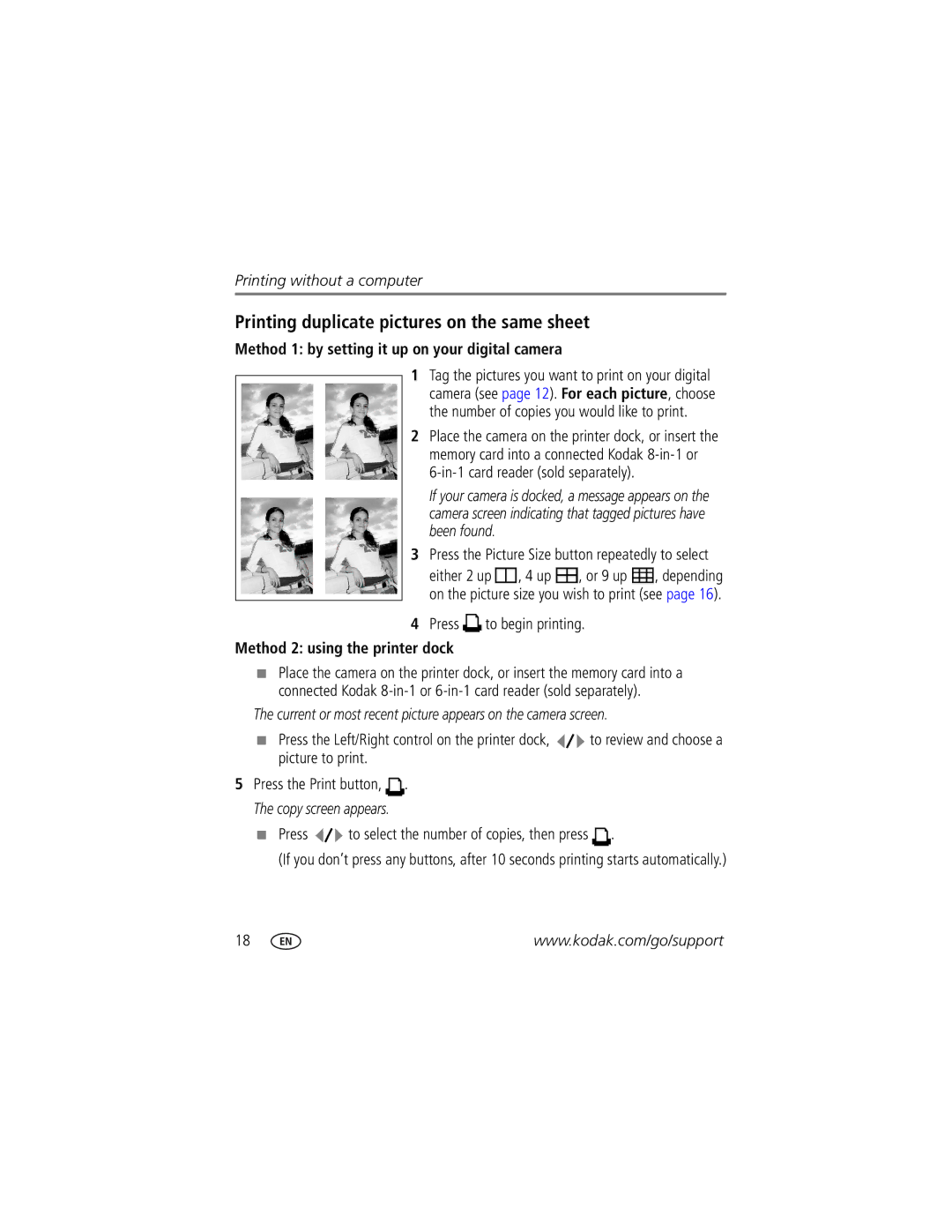 Kodak Series 3 manual Printing duplicate pictures on the same sheet, Press to select the number of copies, then press 