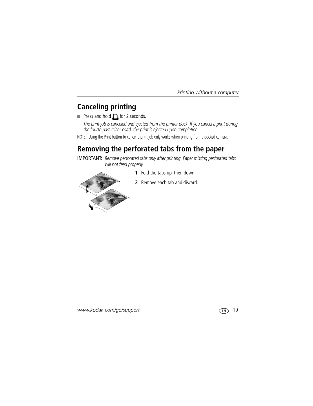 Kodak Series 3 manual Canceling printing, Removing the perforated tabs from the paper, Press and hold for 2 seconds 