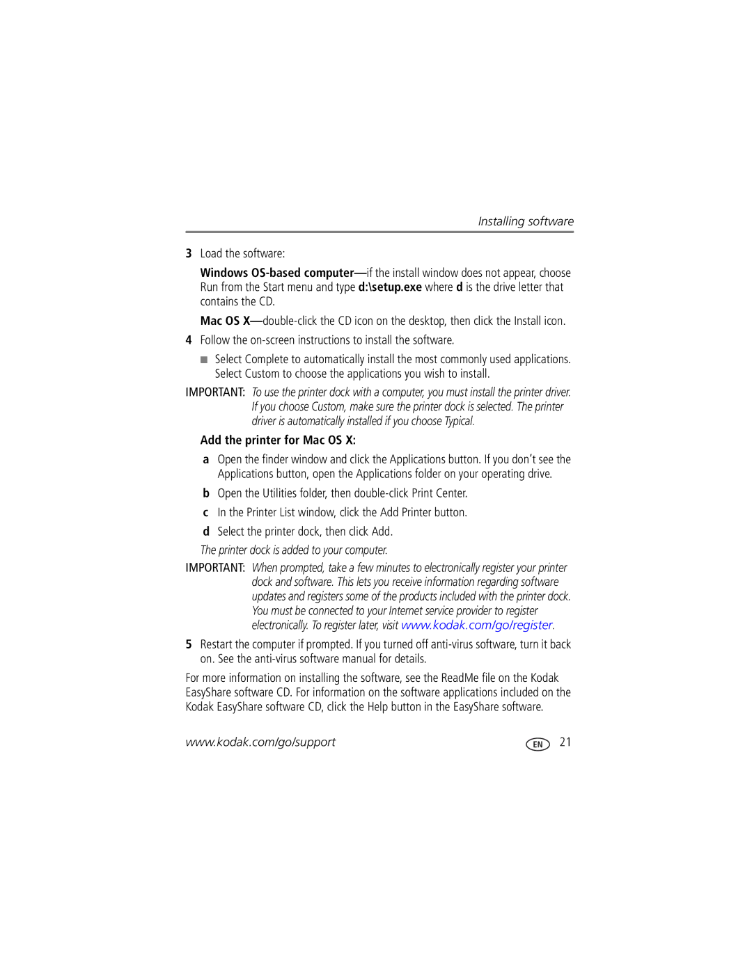 Kodak Series 3 manual Follow the on-screen instructions to install the software, Add the printer for Mac OS 