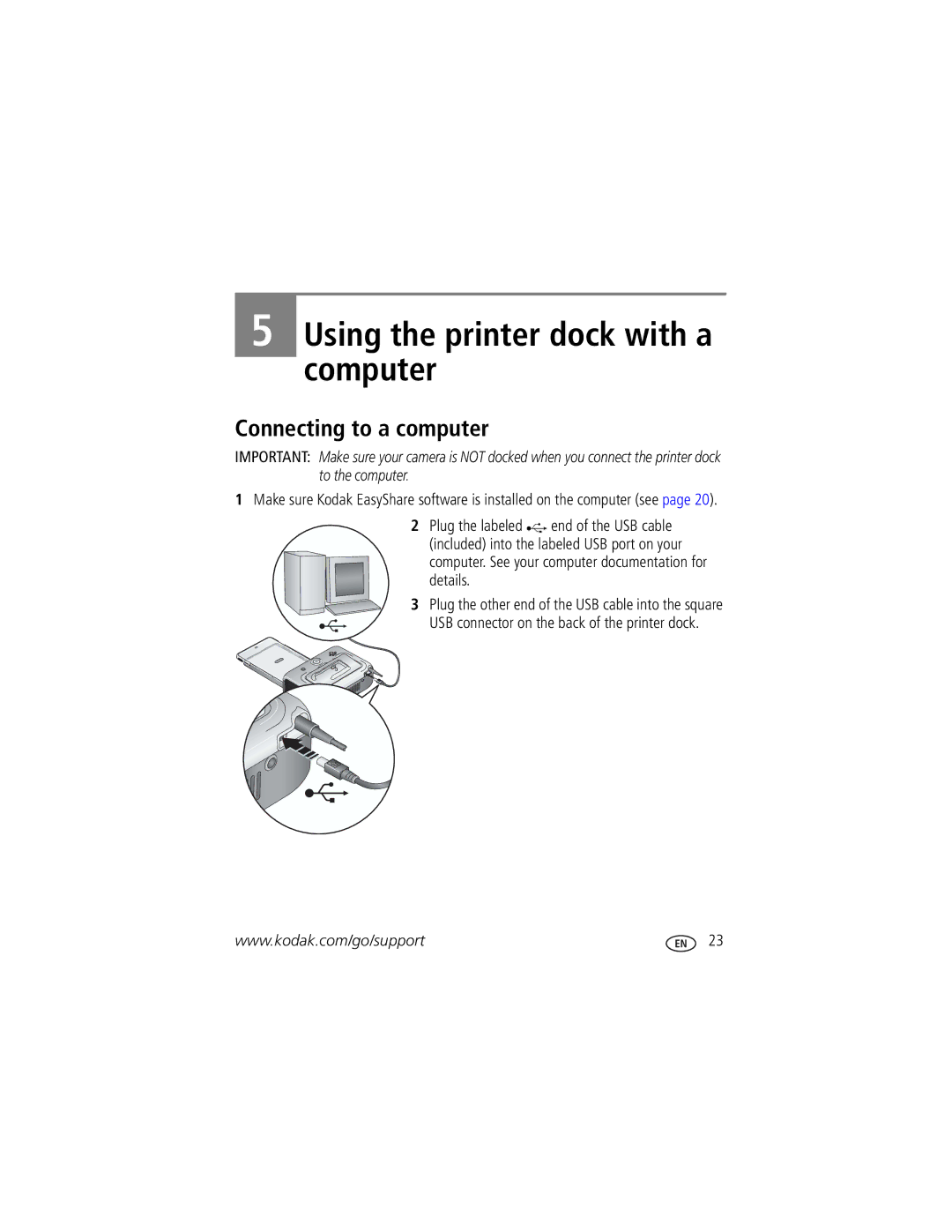 Kodak Series 3 manual Using the printer dock with a computer, Connecting to a computer 