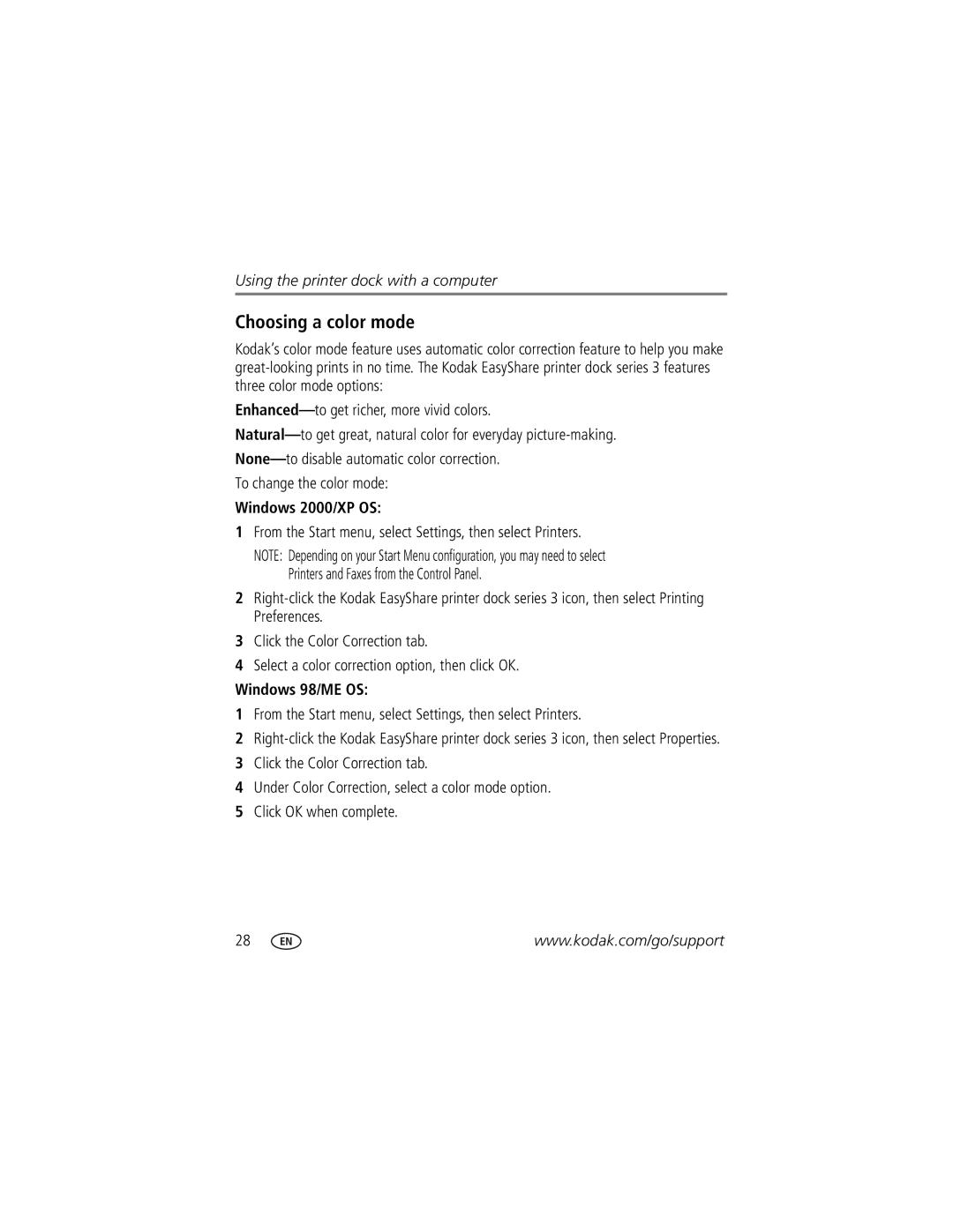 Kodak Series 3 manual Choosing a color mode, From the Start menu, select Settings, then select Printers 