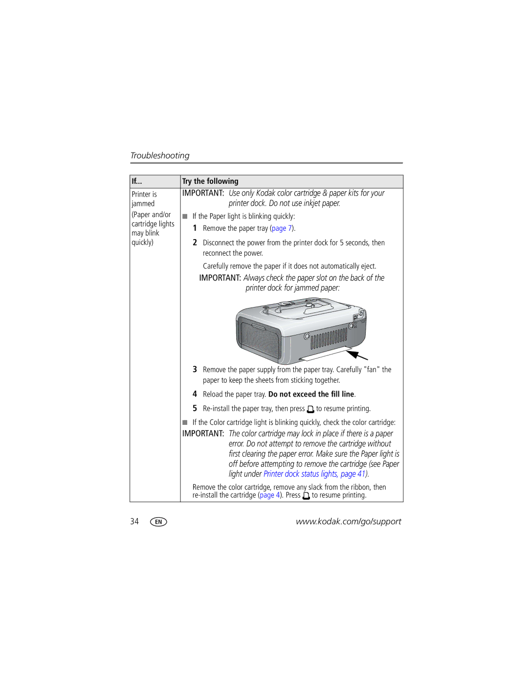 Kodak Series 3 Printer is, Jammed, Paper and/or If the Paper light is blinking quickly, Remove the paper tray, May blink 