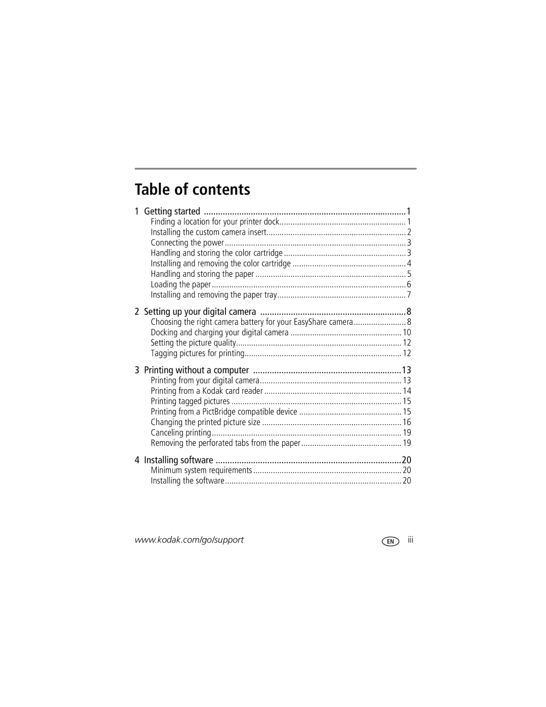 Kodak Series 3 manual Table of contents 