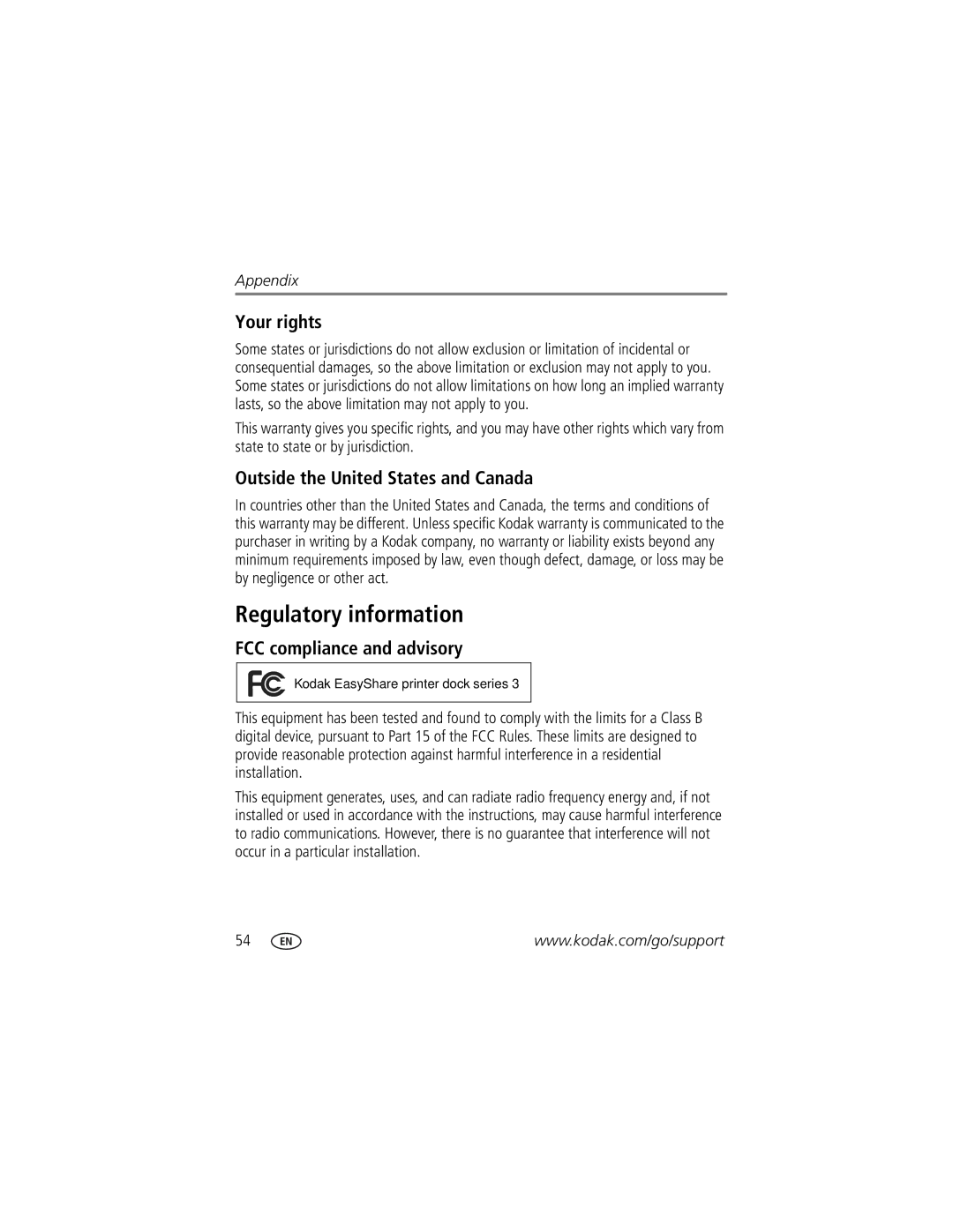 Kodak Series 3 Regulatory information, Your rights, Outside the United States and Canada, FCC compliance and advisory 