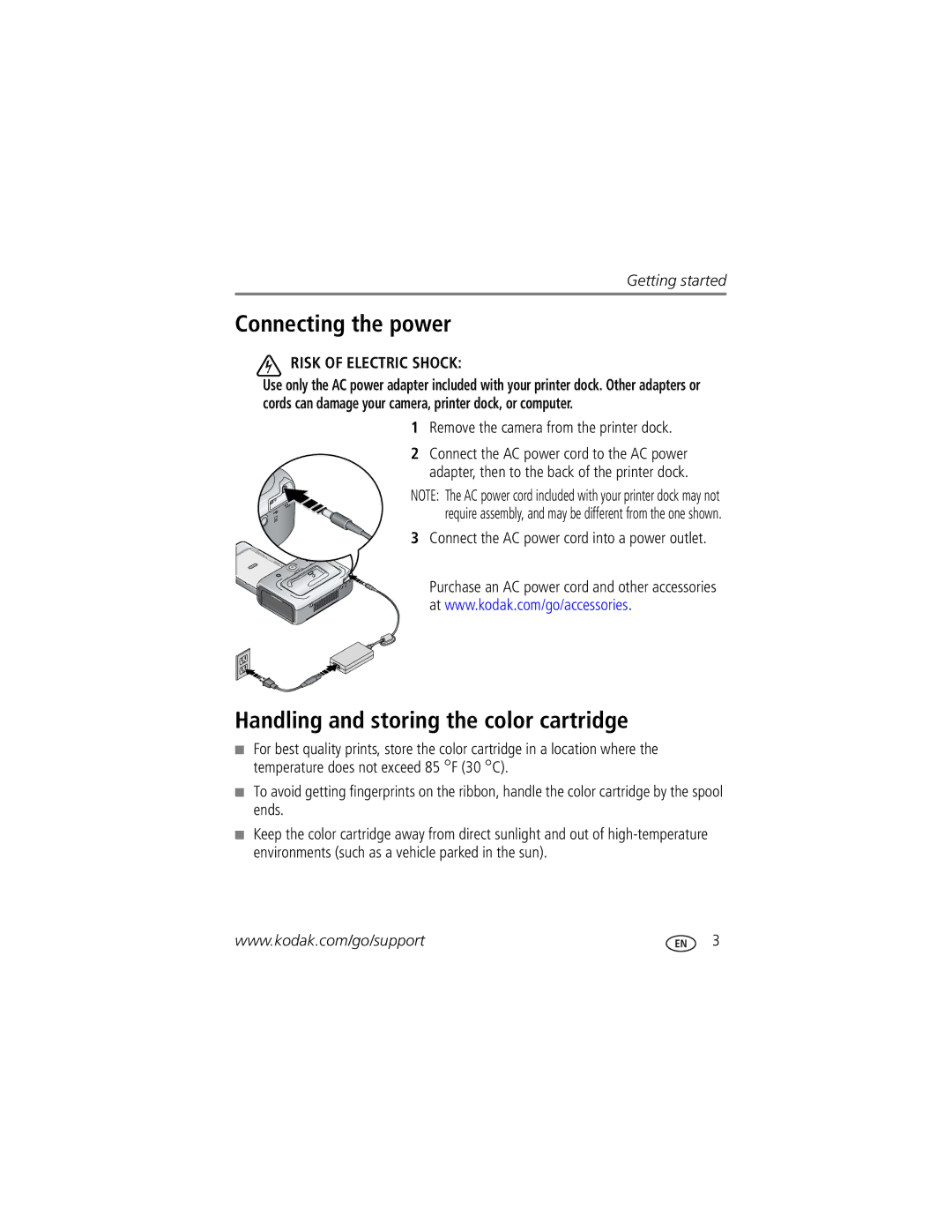 Kodak Series 3 Connecting the power, Handling and storing the color cartridge, Remove the camera from the printer dock 