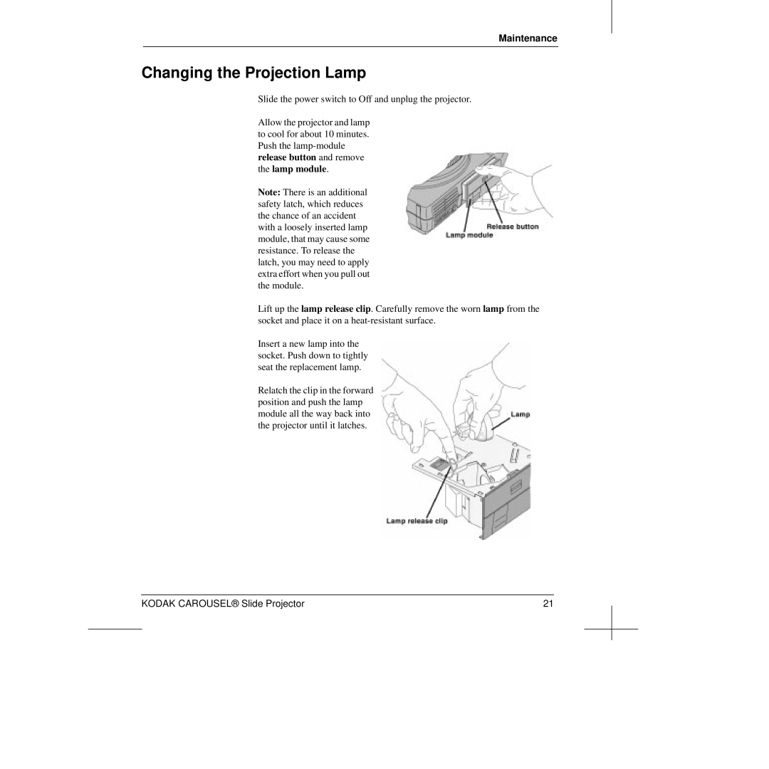 Kodak Slide Projector manual Changing the Projection Lamp, Maintenance, the lamp module 
