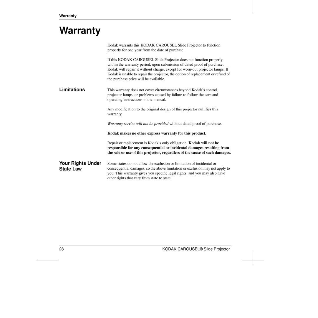 Kodak Slide Projector manual Warranty, Limitations Your Rights Under State Law 
