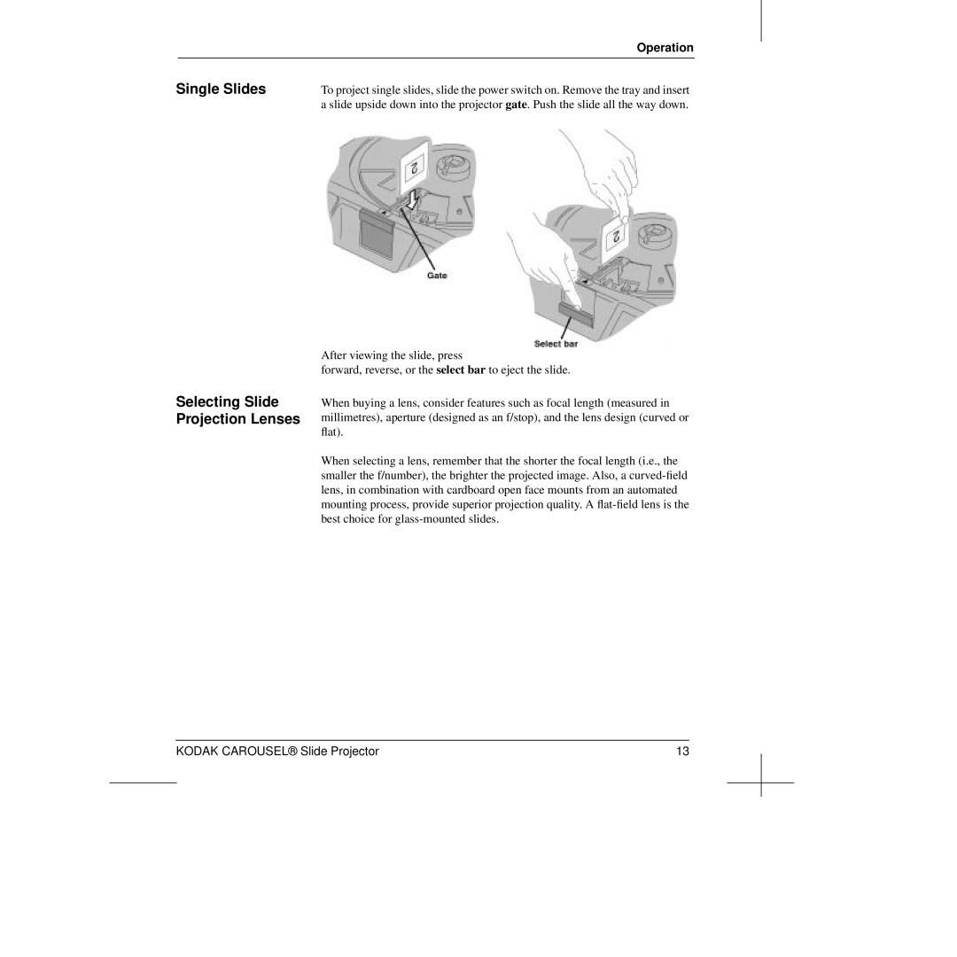 Kodak Slide Projector manual Single Slides Selecting Slide Projection Lenses 